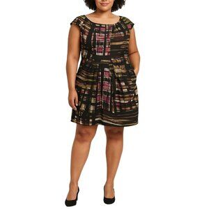 Corey P Brush Stroke Print Dress Cap Sleeve Pleated Side Pocket Back Zip Size 14